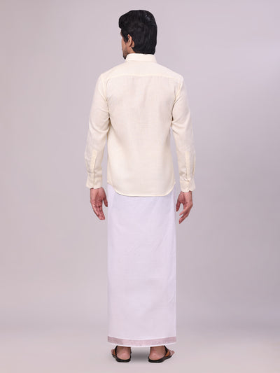 Men's Cream Shirt with Matching jacquard Weave Border Dhoti Combo Marsh back pose
