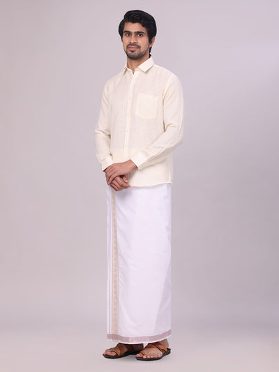 Men's Cream Shirt with Matching jacquard Weave Border Dhoti Combo Marsh side pose