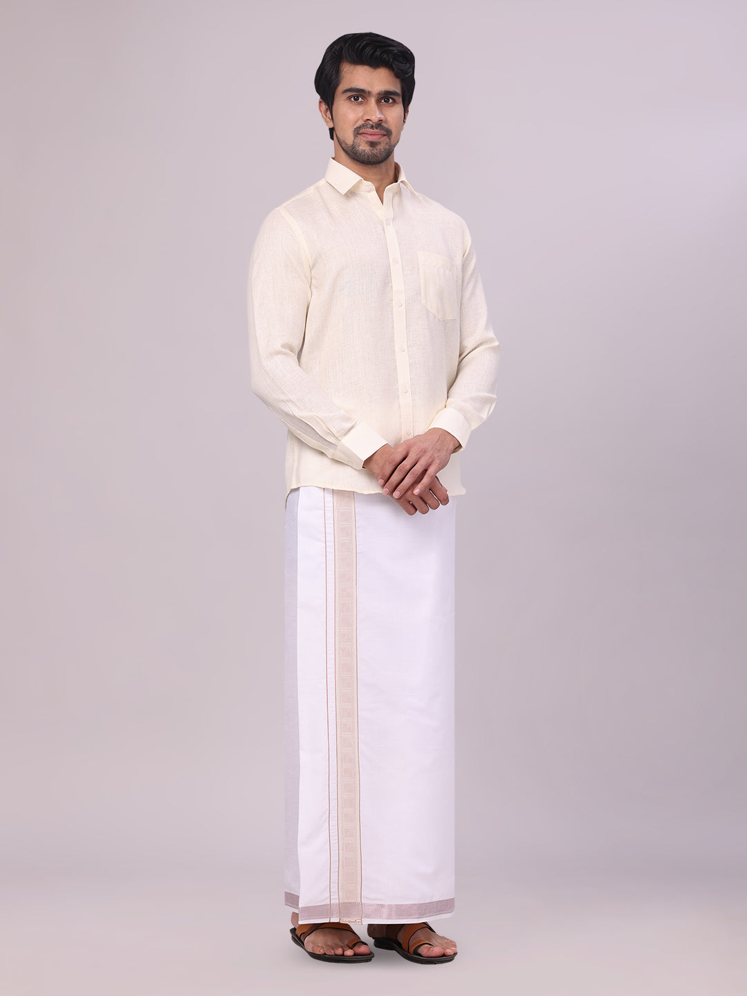 Men's Cream Shirt with Matching jacquard Weave Border Dhoti Combo Marsh side pose