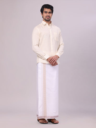 Men's Cream Shirt with Matching jacquard Weave Border Dhoti Combo Marsh side pose