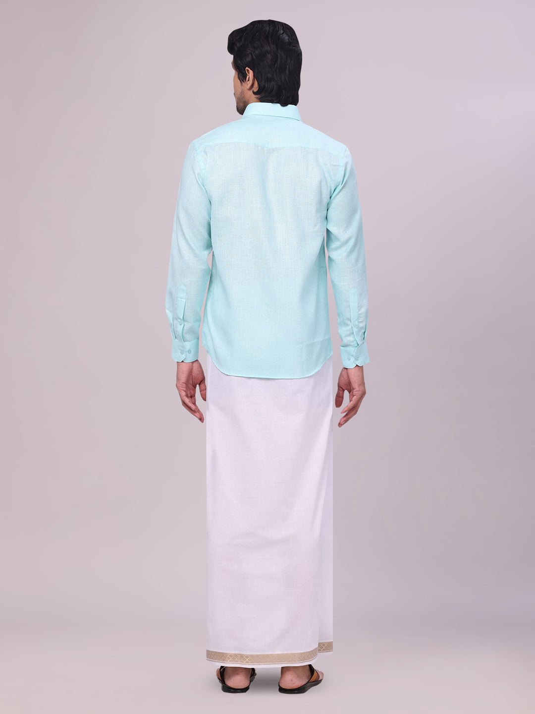 Men's Sea Green Shirt with Matching jacquard Weave Border Dhoti Combo Marsh back pose