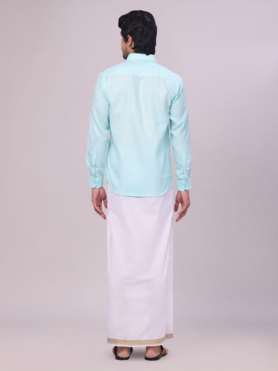 Men's Sea Green Shirt with Matching jacquard Weave Border Dhoti Combo Marsh back pose