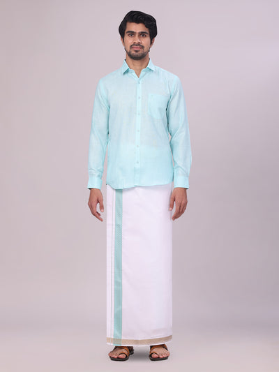 Men's Sea Green Shirt with Matching jacquard Weave Border Dhoti Combo Marsh