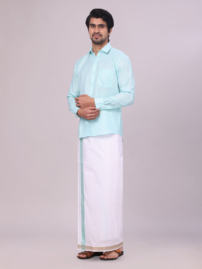 Men's Sea Green Shirt with Matching jacquard Weave Border Dhoti Combo Marsh side pose