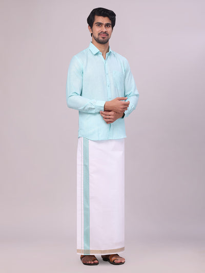 Men's Sea Green Shirt with Matching jacquard Weave Border Dhoti Combo Marsh side pose