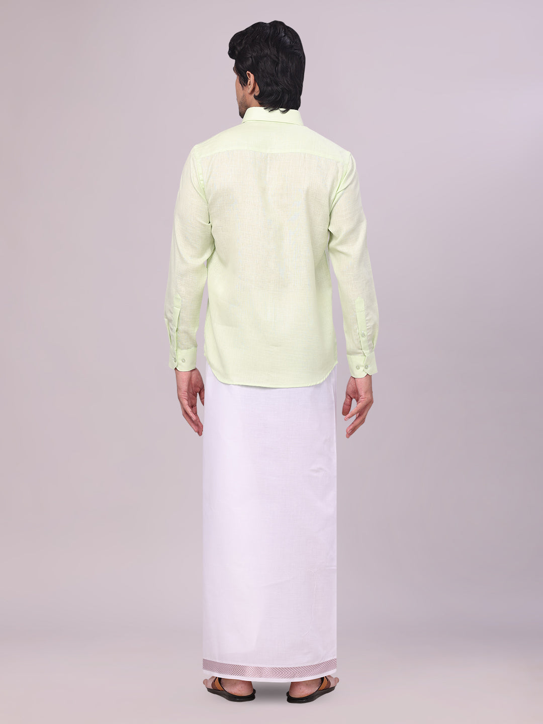 Men's Pastel Green Shirt with Matching jacquard Weave Border Dhoti Combo Marsh back pose