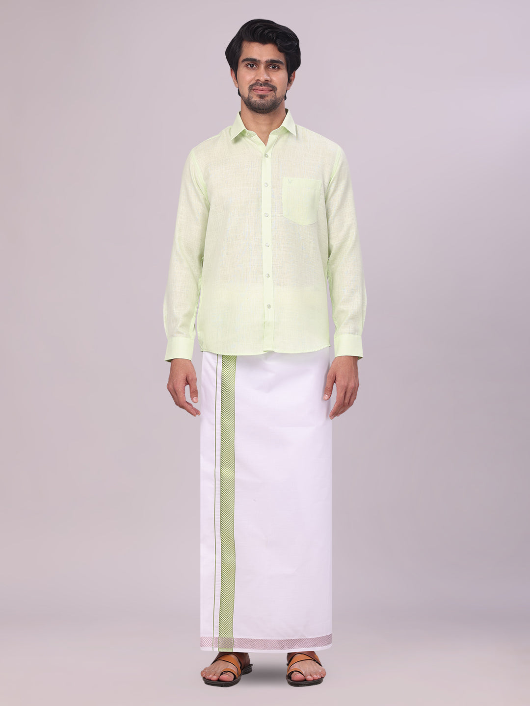 Men's Pastel Green Shirt with Matching jacquard Weave Border Dhoti Combo Marsh