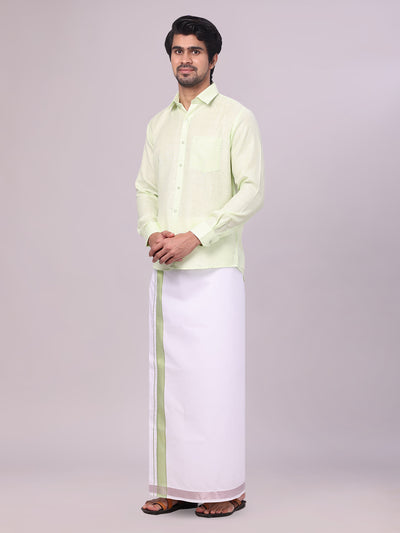 Men's Pastel Green Shirt with Matching jacquard Weave Border Dhoti Combo Marsh side pose