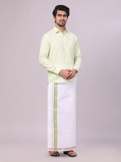 Men's Pastel Green Shirt with Matching jacquard Weave Border Dhoti Combo Marsh side pose