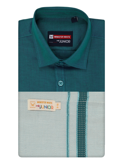 Kids Cotton Green Shirt with Tissue Matching Border Dhoti Combo