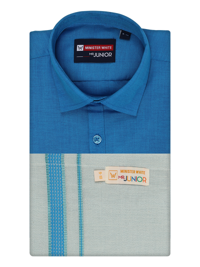 Kids Cotton Blue Shirt with Tissue Matching Border Dhoti Combo