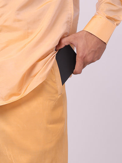 Mens Art Silk Dark Gold Full Sleeves Shirt with Gold Jari Border Flexi Dhoti Combo Finesse