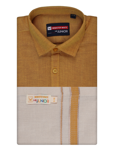 Kids Cotton Mustard Shirt with Tissue Matching Border Dhoti Combo