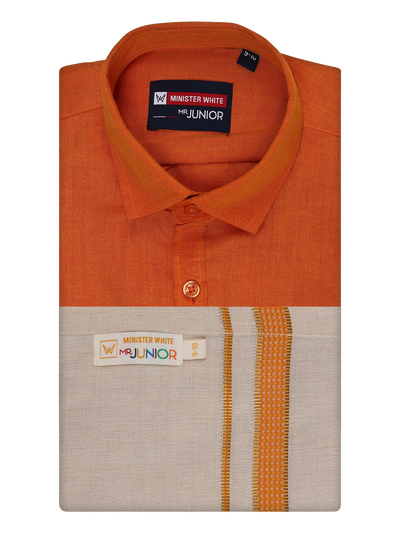 Kids Cotton Orange Shirt with Tissue Matching Border Dhoti Combo