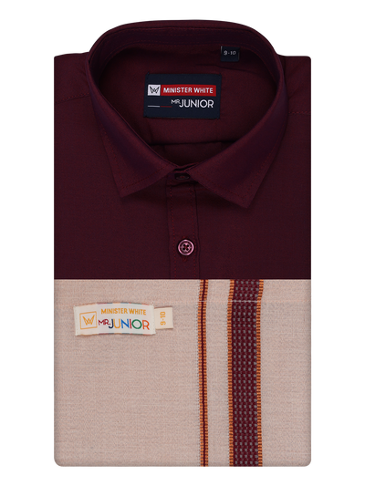 Kids Cotton Maroon Shirt with Tissue Matching Border Dhoti Combo