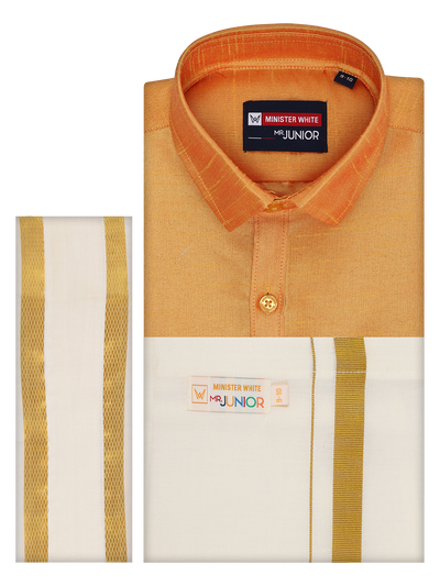 Boys Orange Color Half Sleeves Shirt with Gold Jari Flexi Dhoti Adorable Boy by Minister White