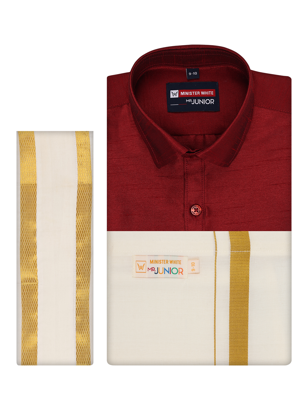 Boys Maroon Color Half Sleeves Shirt with Gold Jari Flexi Dhoti Adorable Boy by Minister White