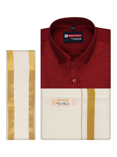 Boys Maroon Color Half Sleeves Shirt with Gold Jari Flexi Dhoti Adorable Boy by Minister White