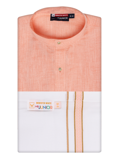 Boys Cotton Peach Kurta with Matching Border Dhoti Combo Honest Boy by Minister White