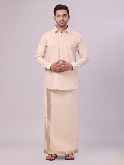 Men's Gold Tissue Shirt and Dhoti Set with Intricate Jacquard Border Plum