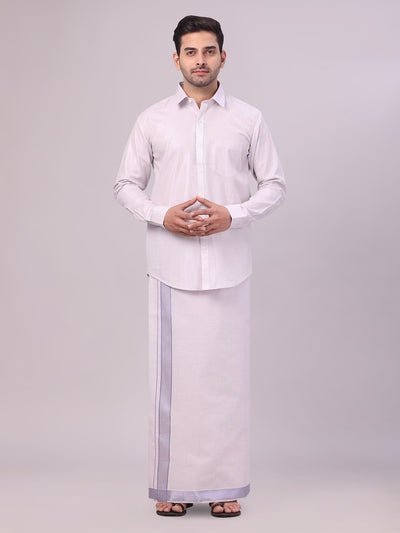 Men's Lavender Tissue Shirt and Dhoti Set with Intricate Jacquard Border Plum