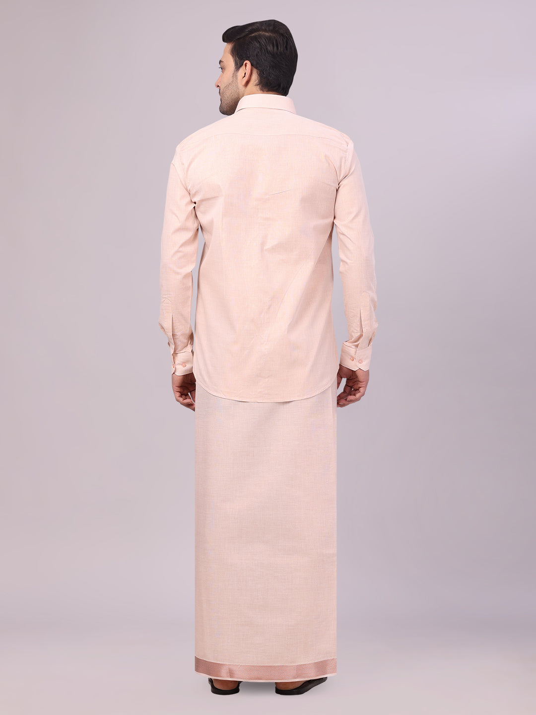 Men's Copper Tissue Shirt and Dhoti Set with Intricate Jacquard Border Plum back pose