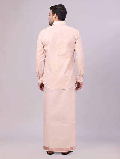 Men's Copper Tissue Shirt and Dhoti Set with Intricate Jacquard Border Plum back pose