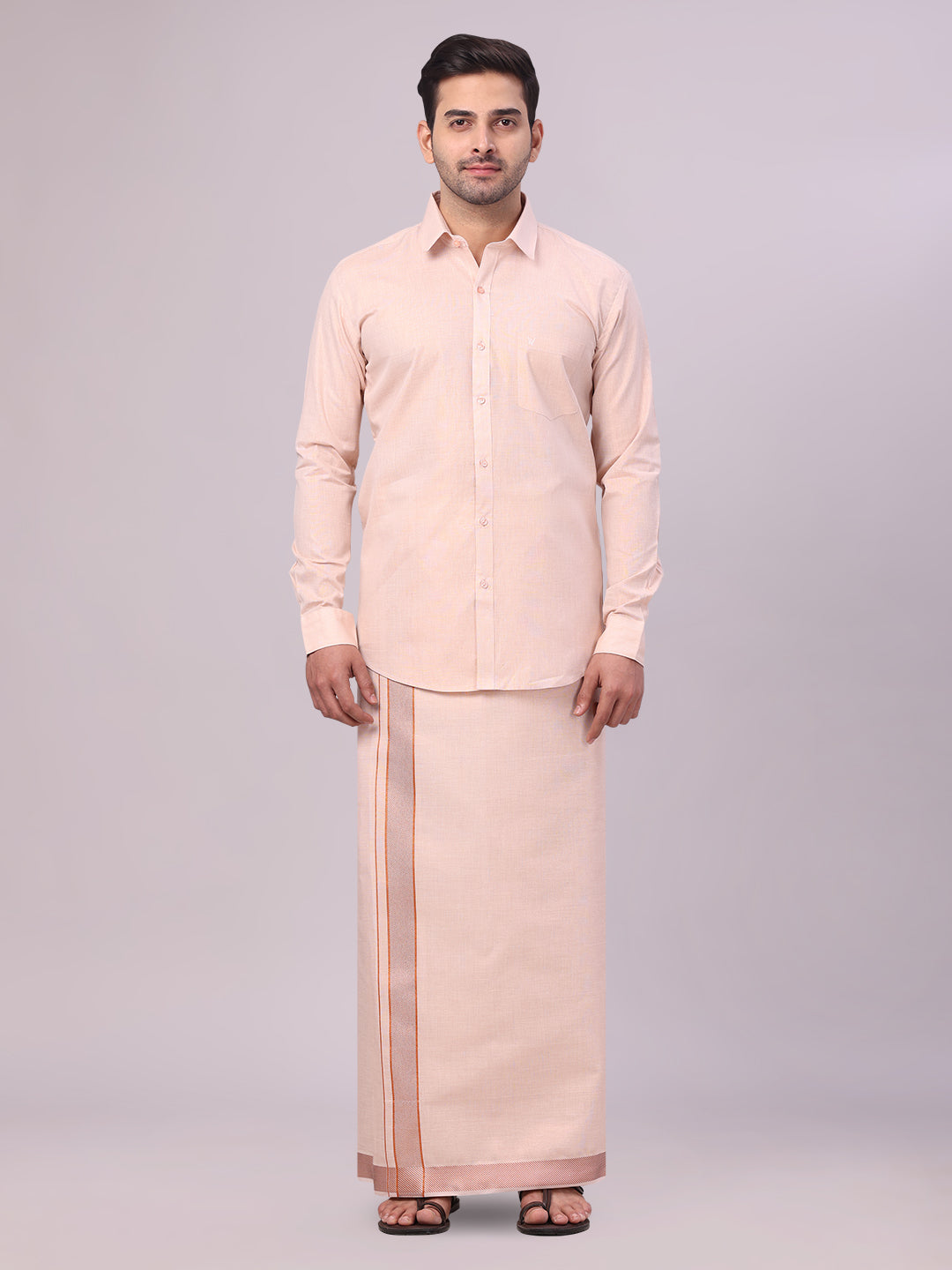Men's Copper Tissue Shirt and Dhoti Set with Intricate Jacquard Border Plum