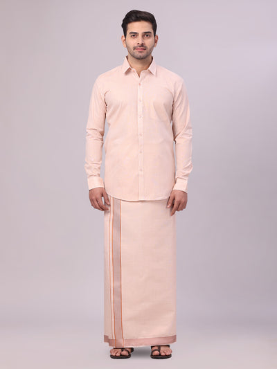 Men's Copper Tissue Shirt and Dhoti Set with Intricate Jacquard Border Plum