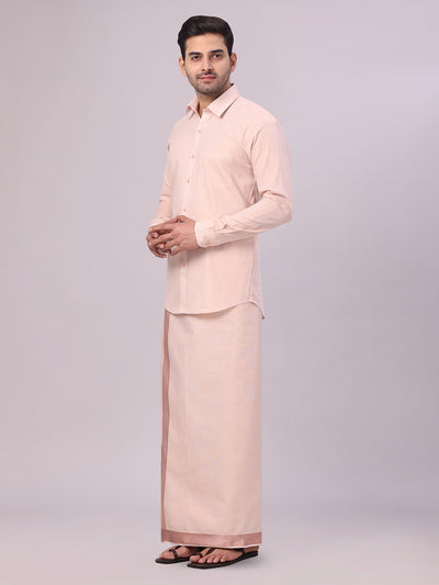 Men's Copper Tissue Shirt and Dhoti Set with Intricate Jacquard Border Plum side pose