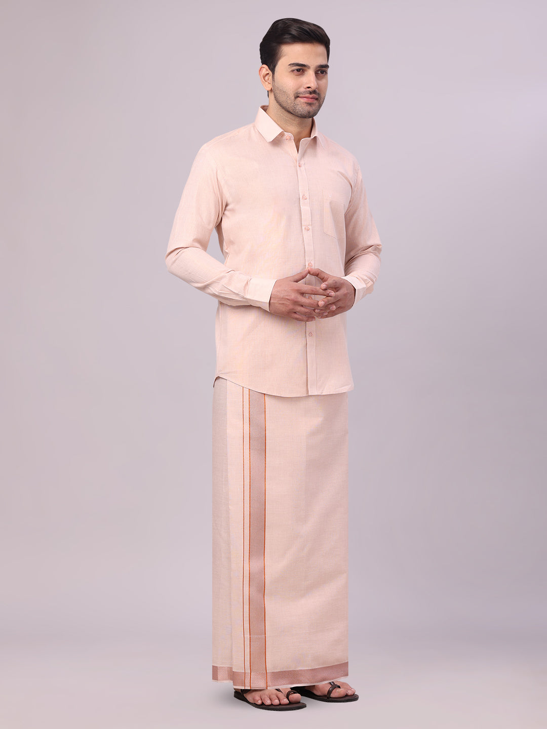 Men's Copper Tissue Shirt and Dhoti Set with Intricate Jacquard Border Plum side pose