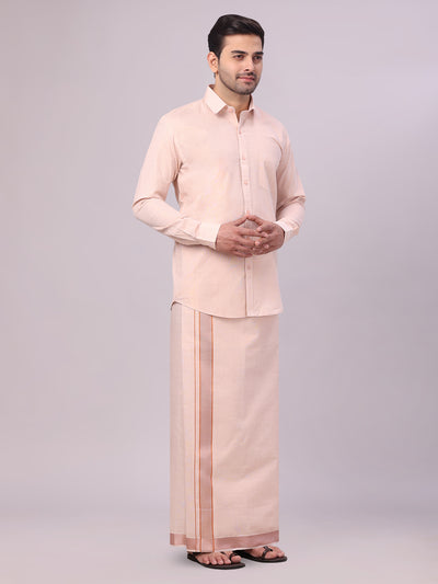 Men's Copper Tissue Shirt and Dhoti Set with Intricate Jacquard Border Plum side pose