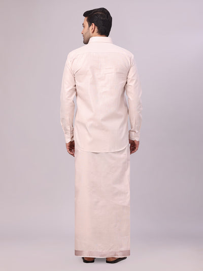 Men's Almond Tissue Shirt and Dhoti Set with Intricate Jacquard Border Plum back pose