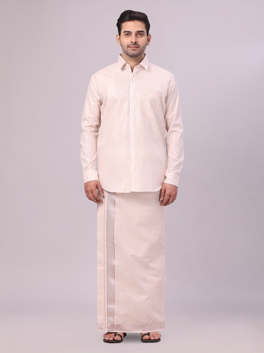 Men's Almond Tissue Shirt and Dhoti Set with Intricate Jacquard Border Plum