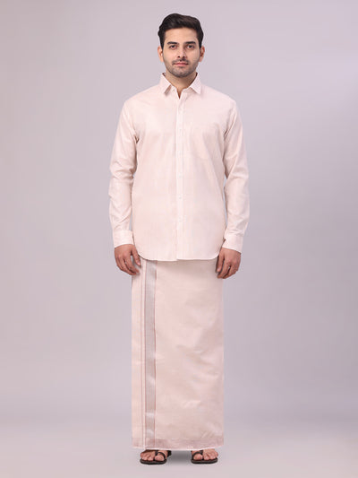 Men's Almond Tissue Shirt and Dhoti Set with Intricate Jacquard Border Plum