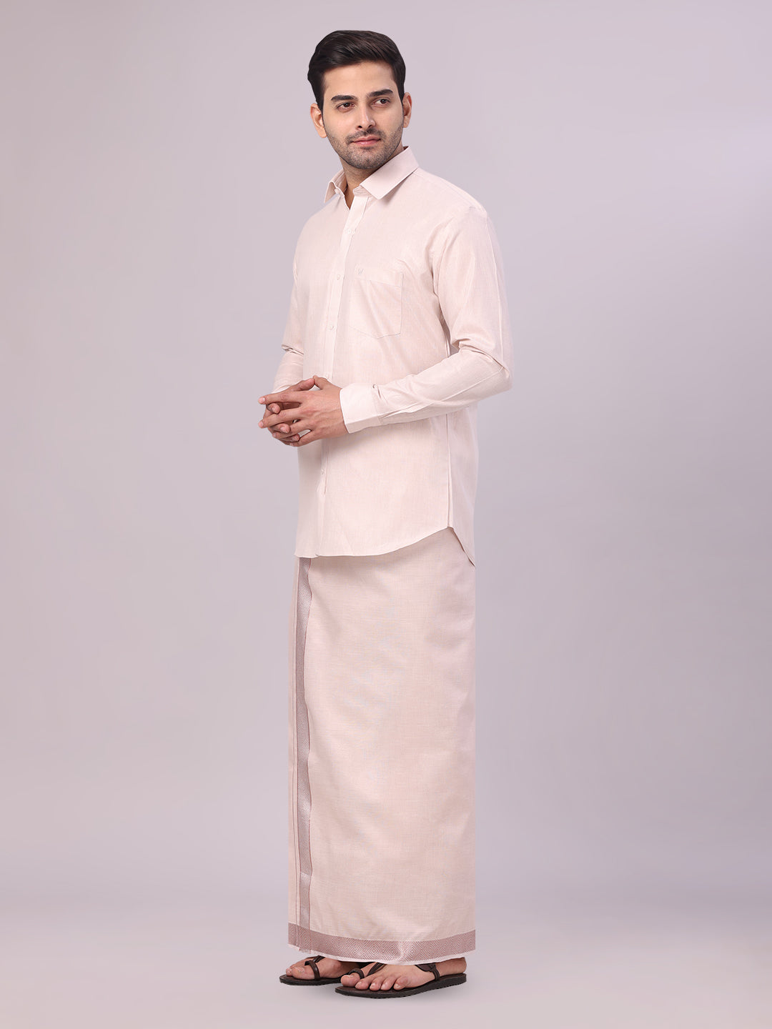 Men's Almond Tissue Shirt and Dhoti Set with Intricate Jacquard Border Plum side pose