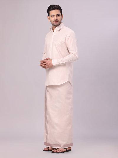 Men's Almond Tissue Shirt and Dhoti Set with Intricate Jacquard Border Plum side pose