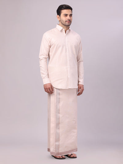 Men's Almond Tissue Shirt and Dhoti Set with Intricate Jacquard Border Plum side pose