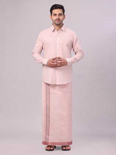 Men's Maroon Tissue Shirt and Dhoti Set with Intricate Jacquard Border Plum