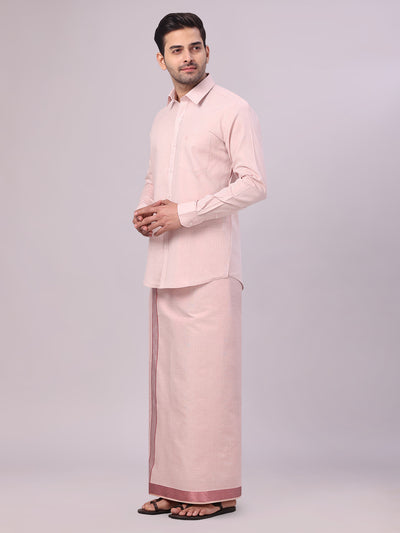 Men's Maroon Tissue Shirt and Dhoti Set with Intricate Jacquard Border Plum side pose
