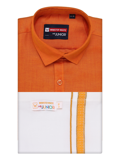  Boys Orange Matching Half Sleeves Shirt with Fancy Flexi Dhoti Combo Brave Boy by Minister White