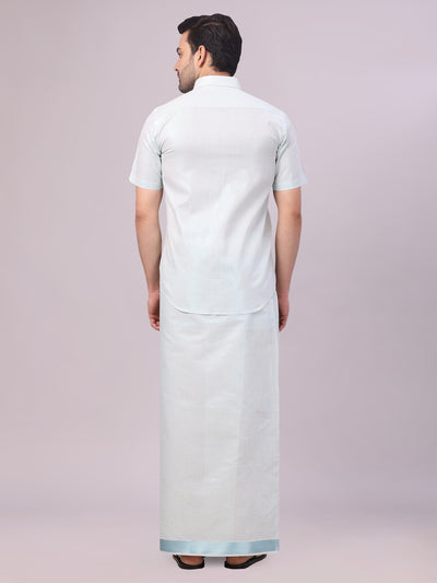 Men's Mint Blue Tissue Shirt and Dhoti Set with Intricate Jacquard Border Plum back pose