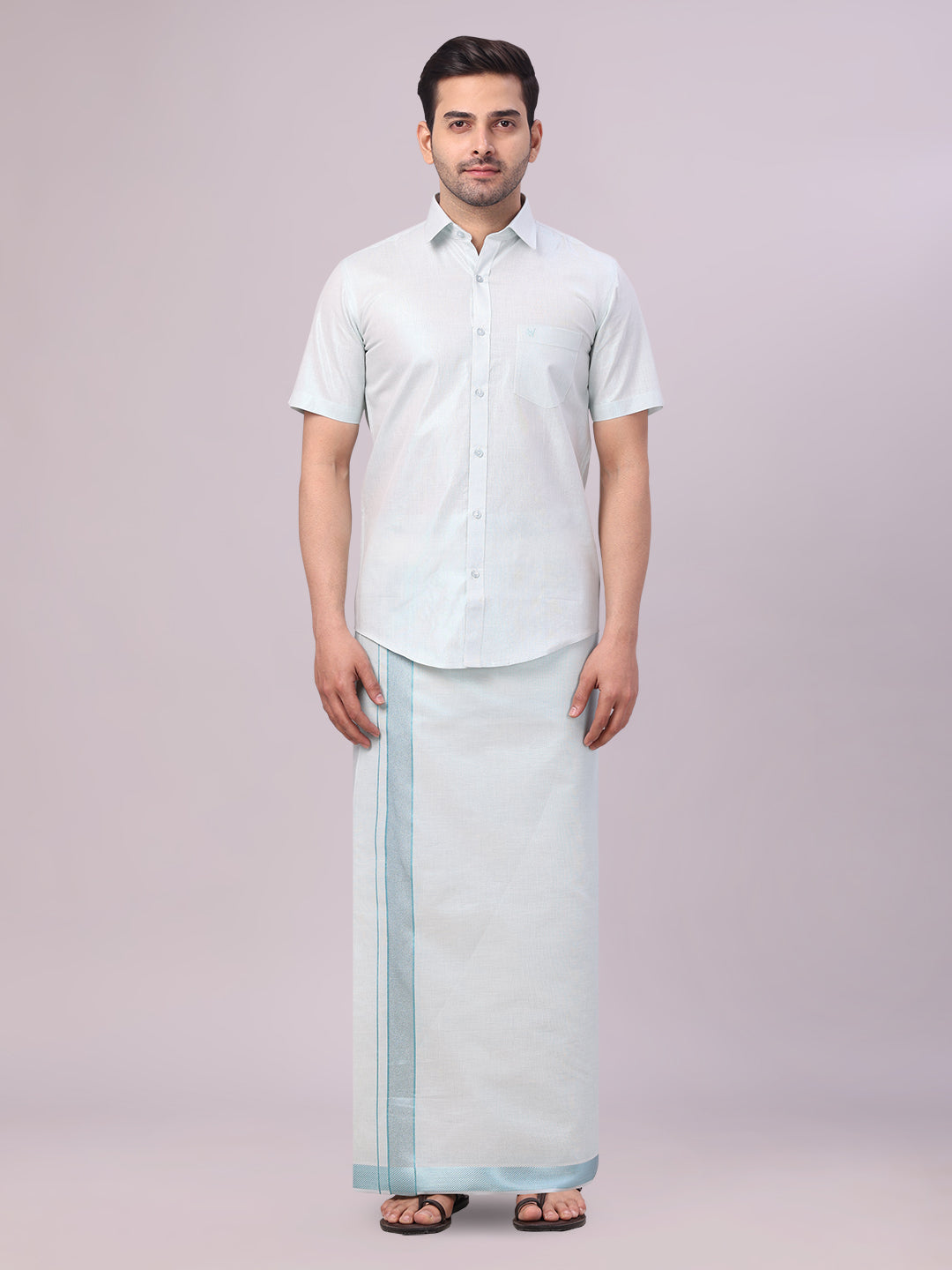 Men's Mint Blue Tissue Shirt and Dhoti Set with Intricate Jacquard Border Plum