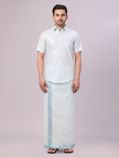 Men's Mint Blue Tissue Shirt and Dhoti Set with Intricate Jacquard Border Plum