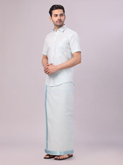 Men's Mint Blue Tissue Shirt and Dhoti Set with Intricate Jacquard Border Plum side pose
