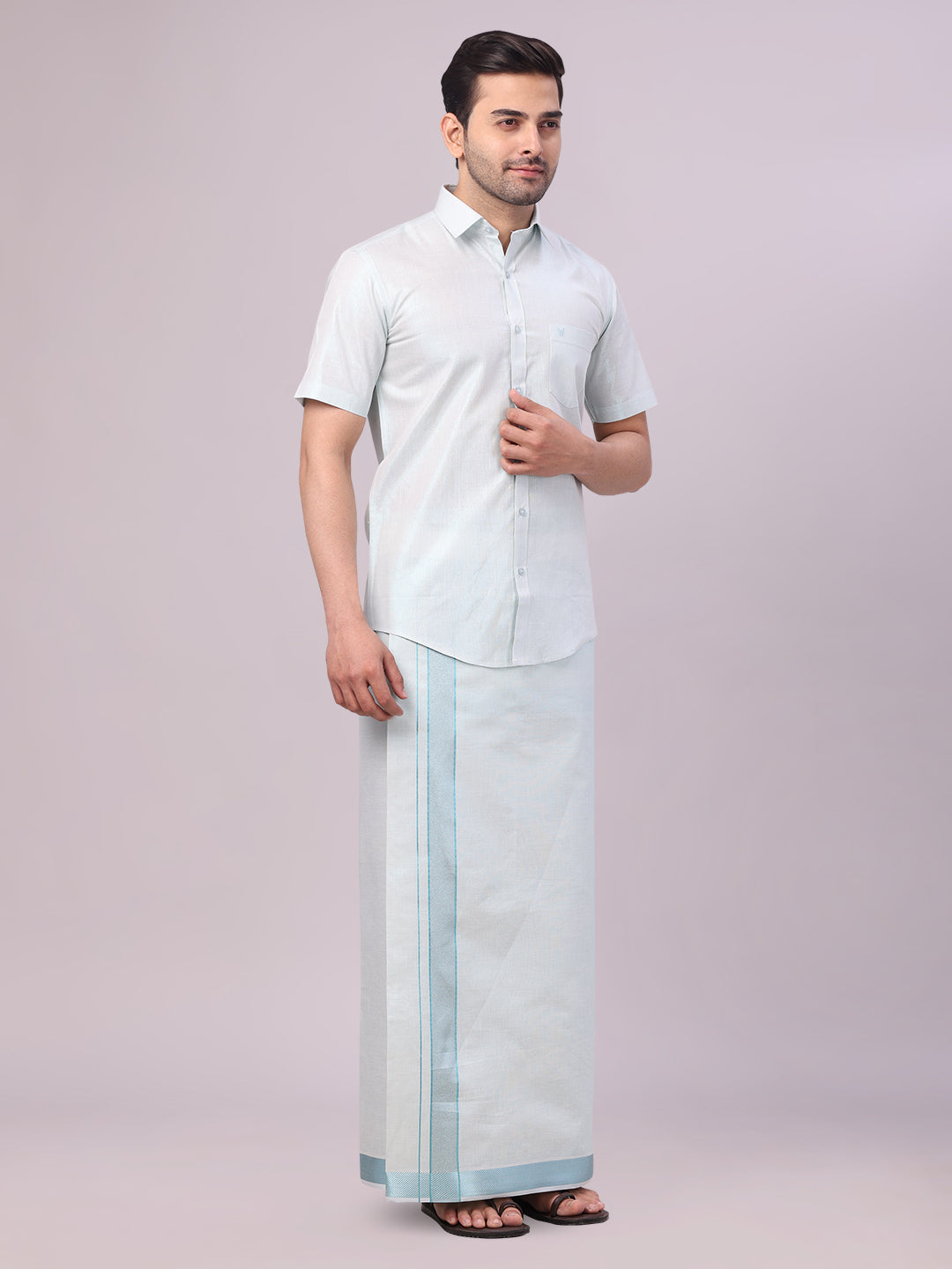 Men's Mint Blue Tissue Shirt and Dhoti Set with Intricate Jacquard Border Plum side pose