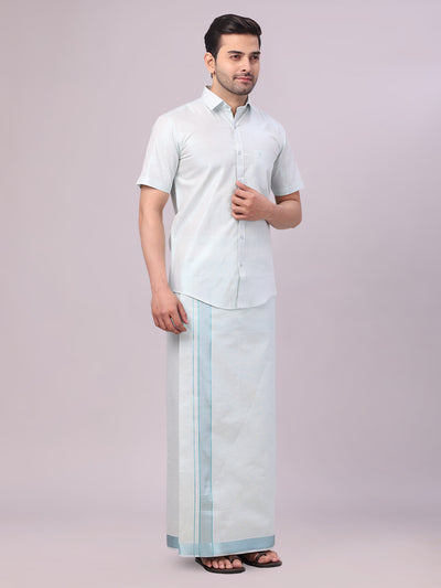 Men's Mint Blue Tissue Shirt and Dhoti Set with Intricate Jacquard Border Plum side pose