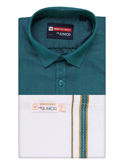 Boys Teal Matching Half Sleeves Shirt with Fancy Flexi Dhoti Combo Brave Boy by Minister White