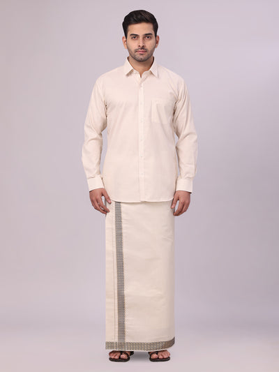 Men's Beige Tissue Stripe Shirt and Dhoti Combo with Jacquard Border Kane