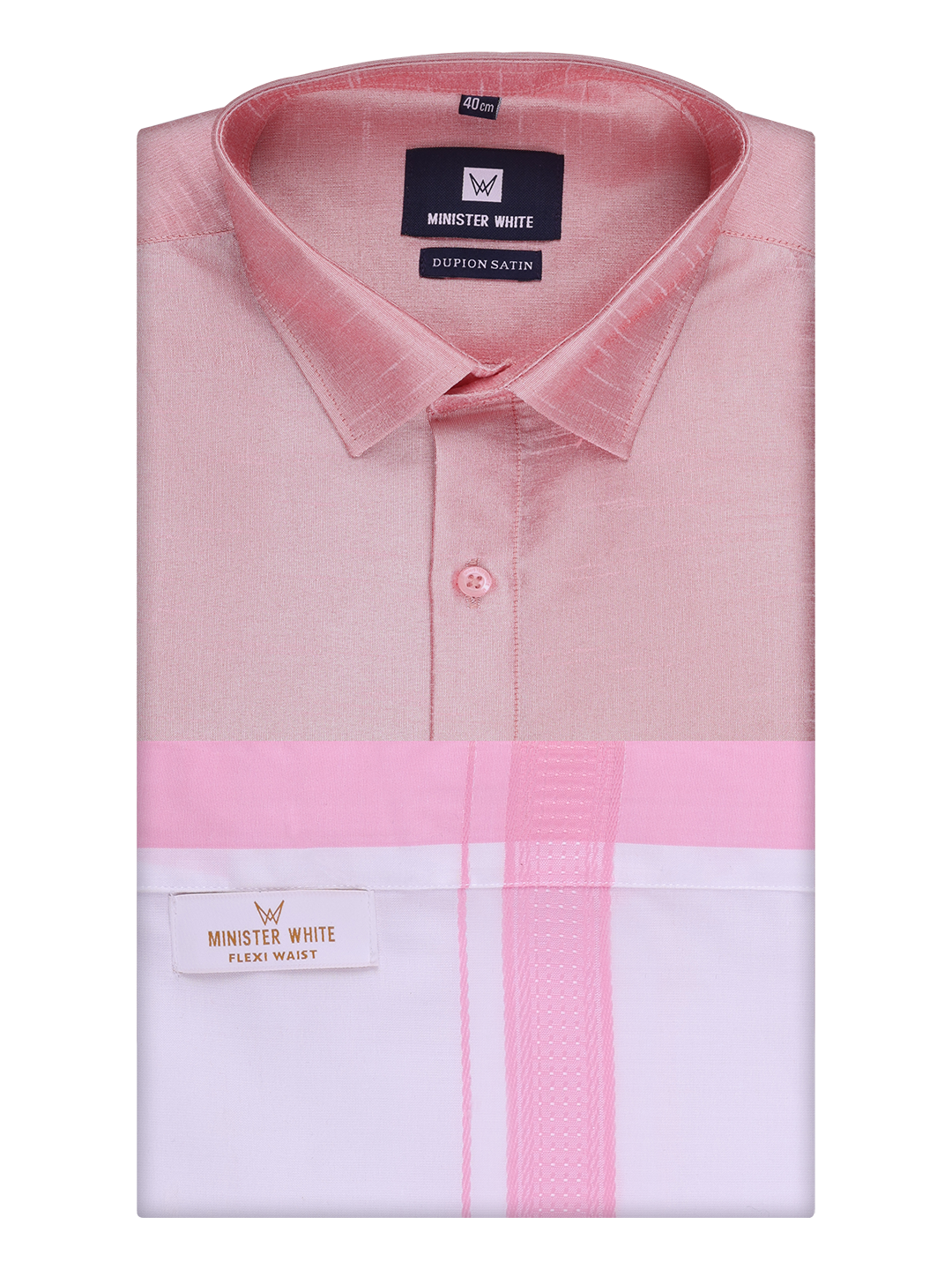 Mens Light Pink Dupion Satin Shirt with Matching Border Flexi Dhoti Combo Gora Flexi by Minister White